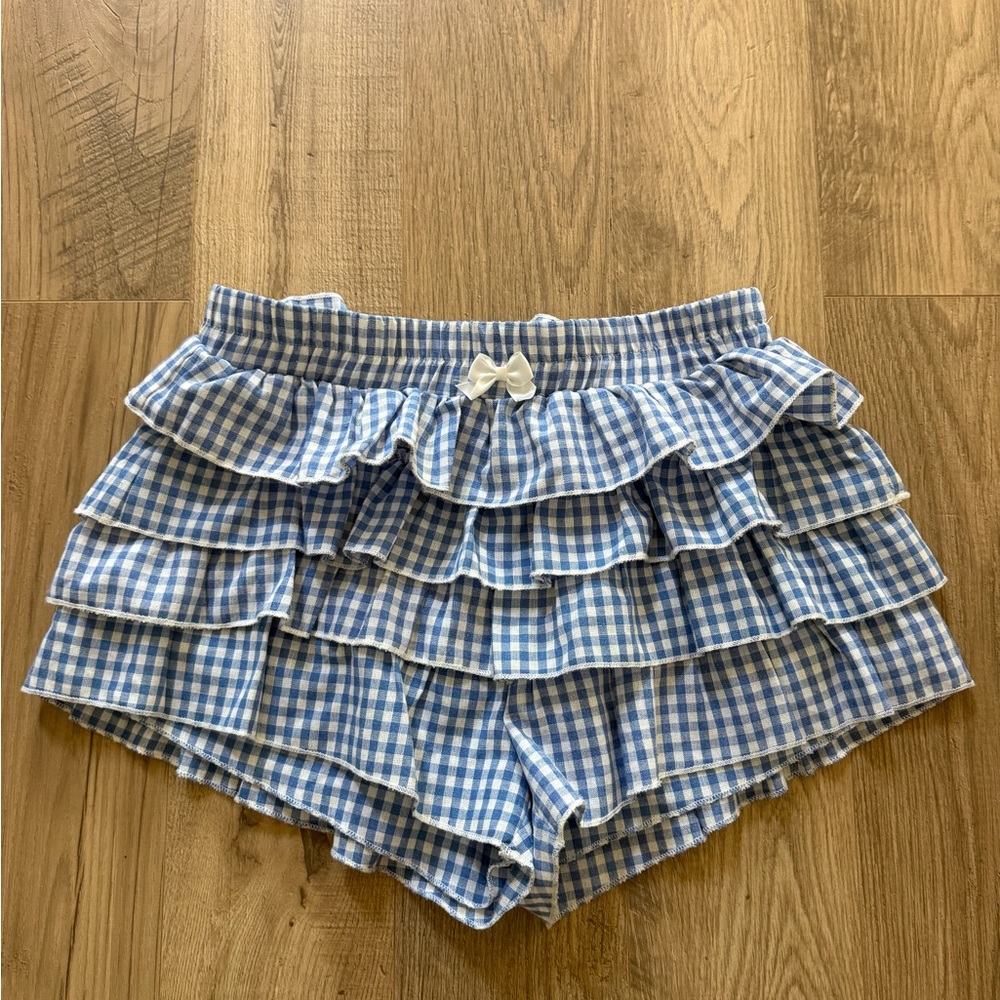Blue Gingham Ruffle Shorts